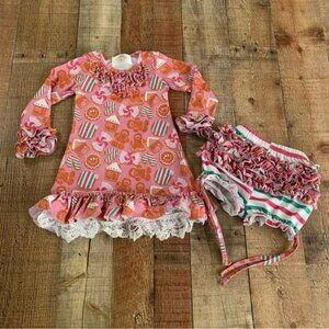Olive Mae girls Christmas gingerbread house ruffle dress and shorts set -2T